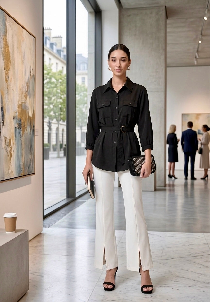 Pankh Dixie Black Belted Shirt & White Side Slit Pant Set