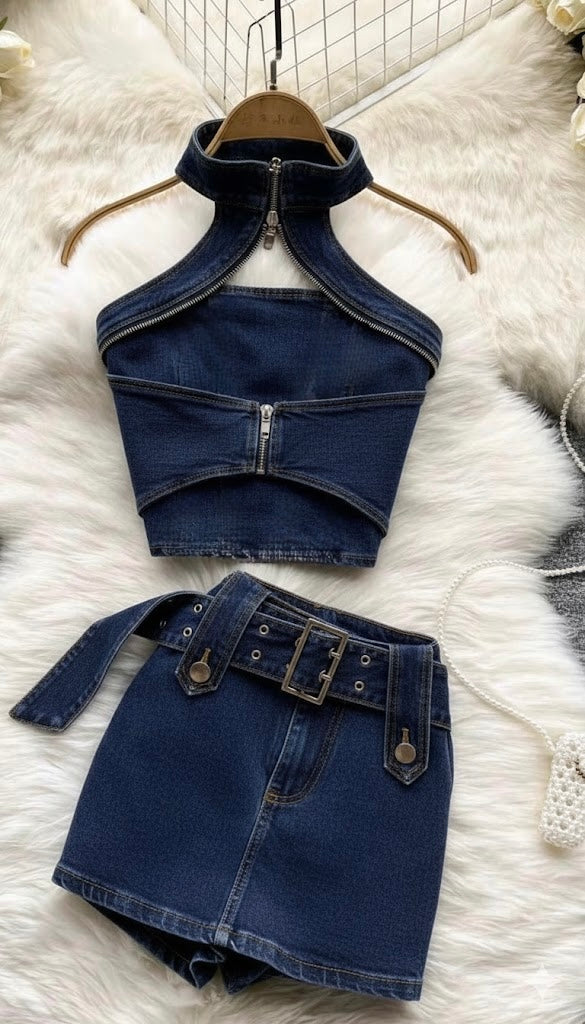 Pankh Raize Denim Top And Skirt Set