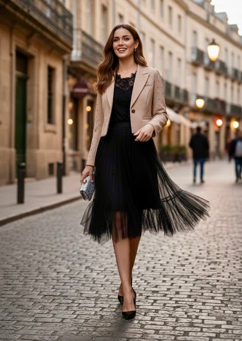 Pankh Dinah Mesh Net Dress With Stone Embellished Blazer 2 Piece Set