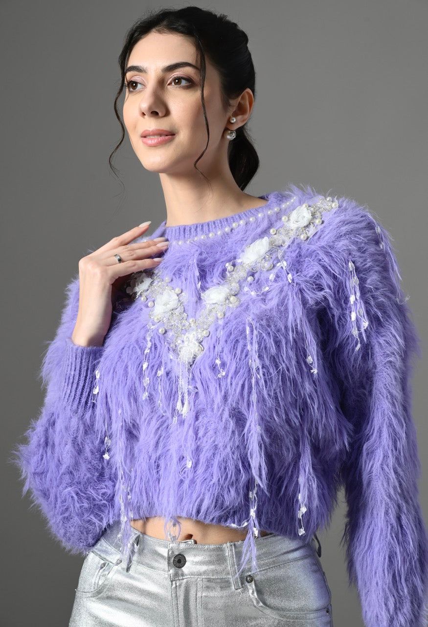 Pankh Cici Embellished Flower and Fur Luxe Fur Cropped Sweater Top