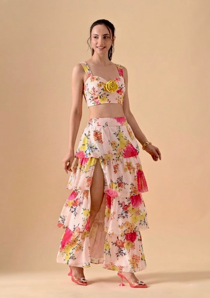 Pankh Wes Floral Printed Top And Slit Ruffle Skirt Set