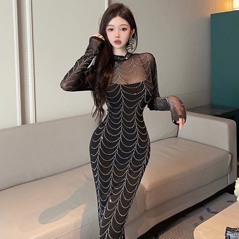Pankh Ruvina Stone Embellished Sheer Black Party Wear Maxi Dress