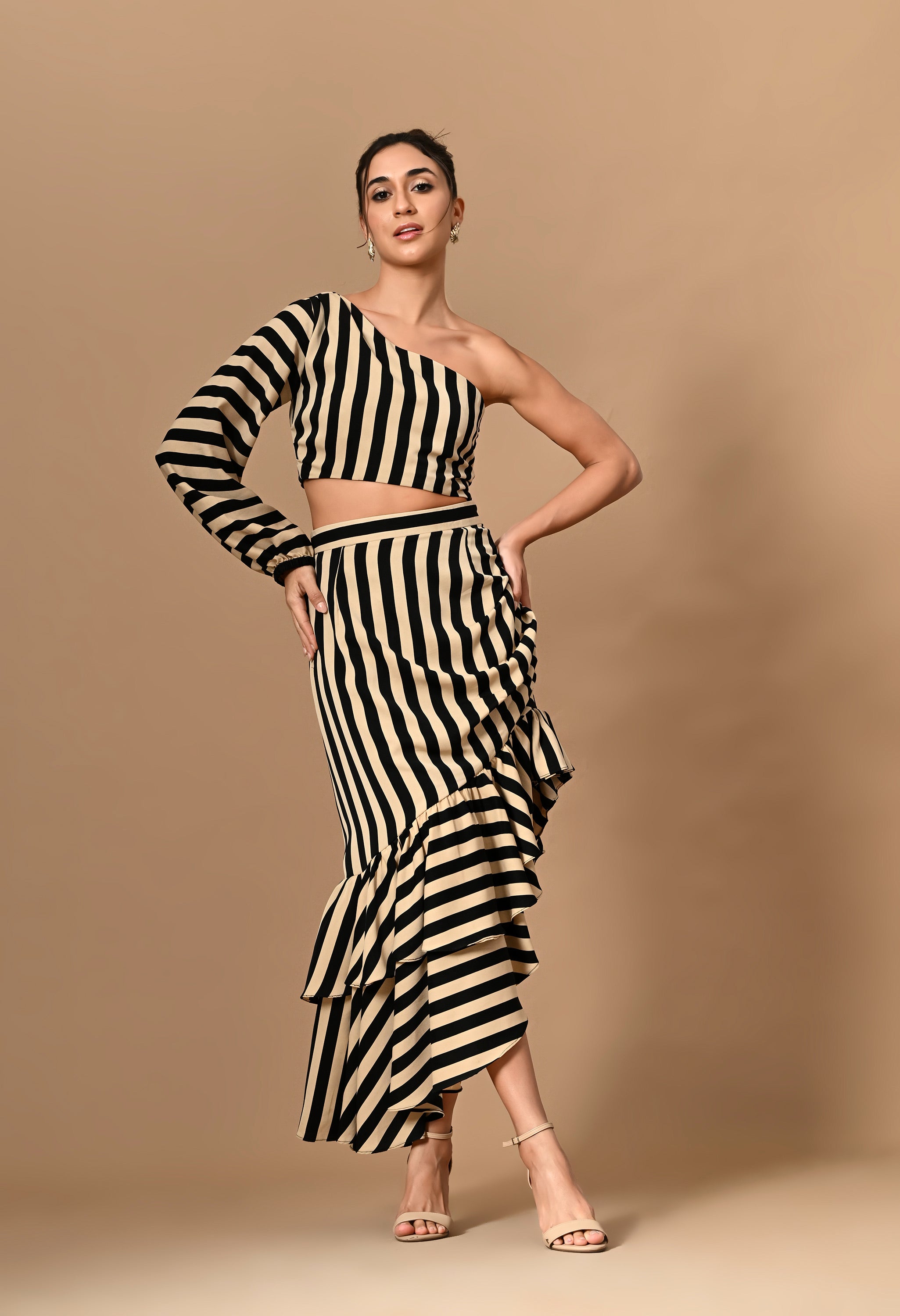 Pankh Messuir Striped Assymetrical Ruffle Maxi Dress