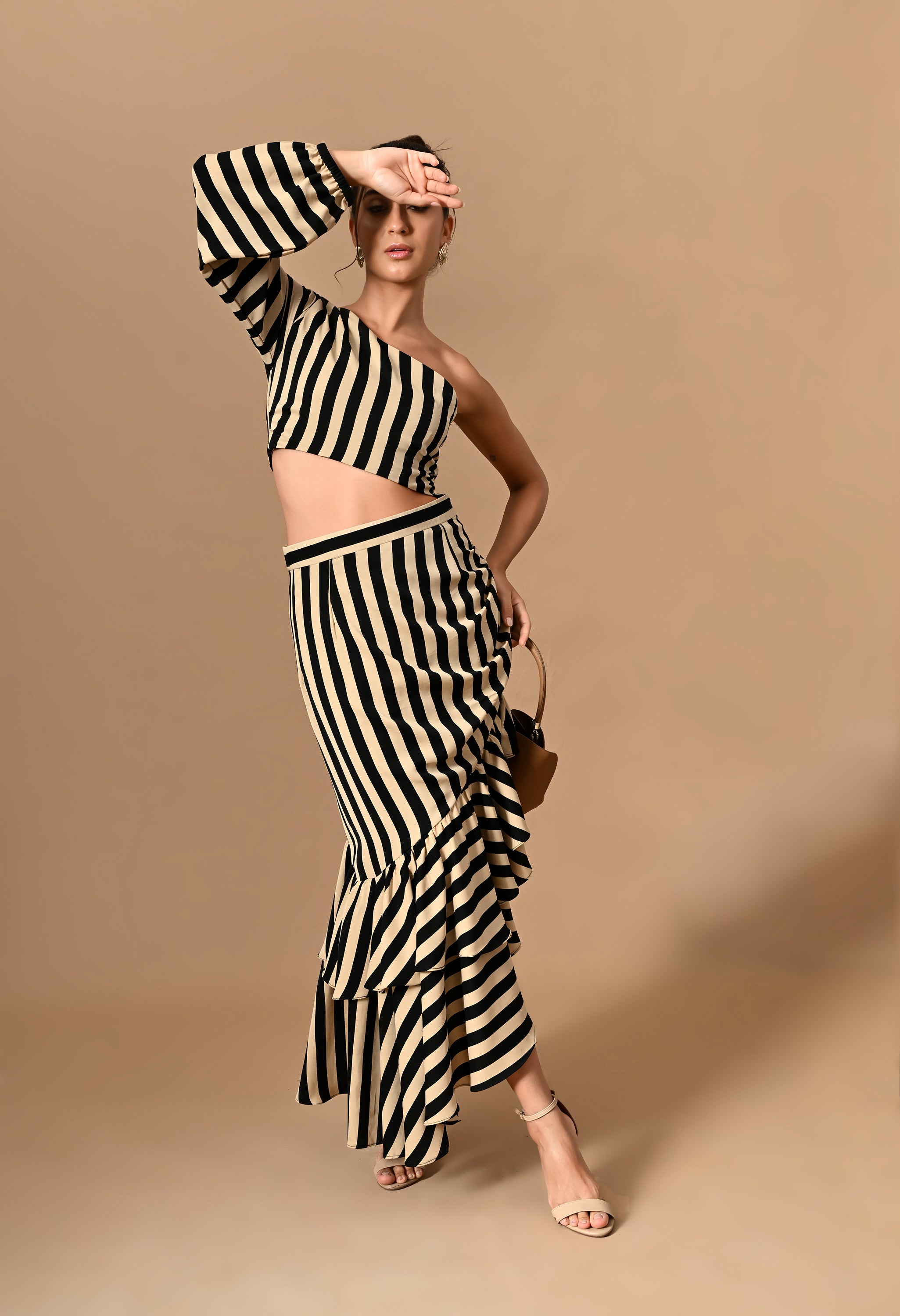 Pankh Messuir Striped Assymetrical Ruffle Maxi Dress