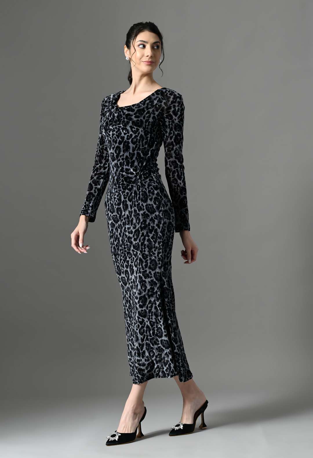 Pankh Marva Stone Studded Leopard Print Bodycon Twisted Waist Party Wear Maxi Dress