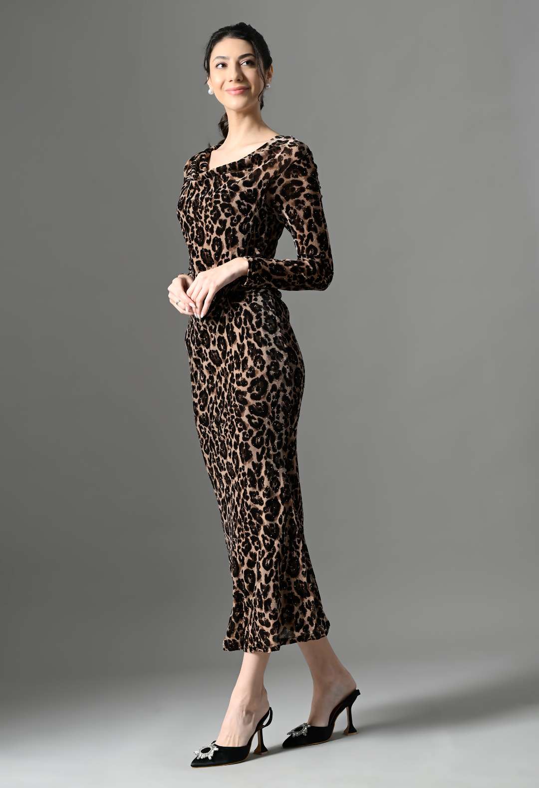 Pankh Marva Stone Studded Leopard Print Bodycon Twisted Waist Party Wear Maxi Dress