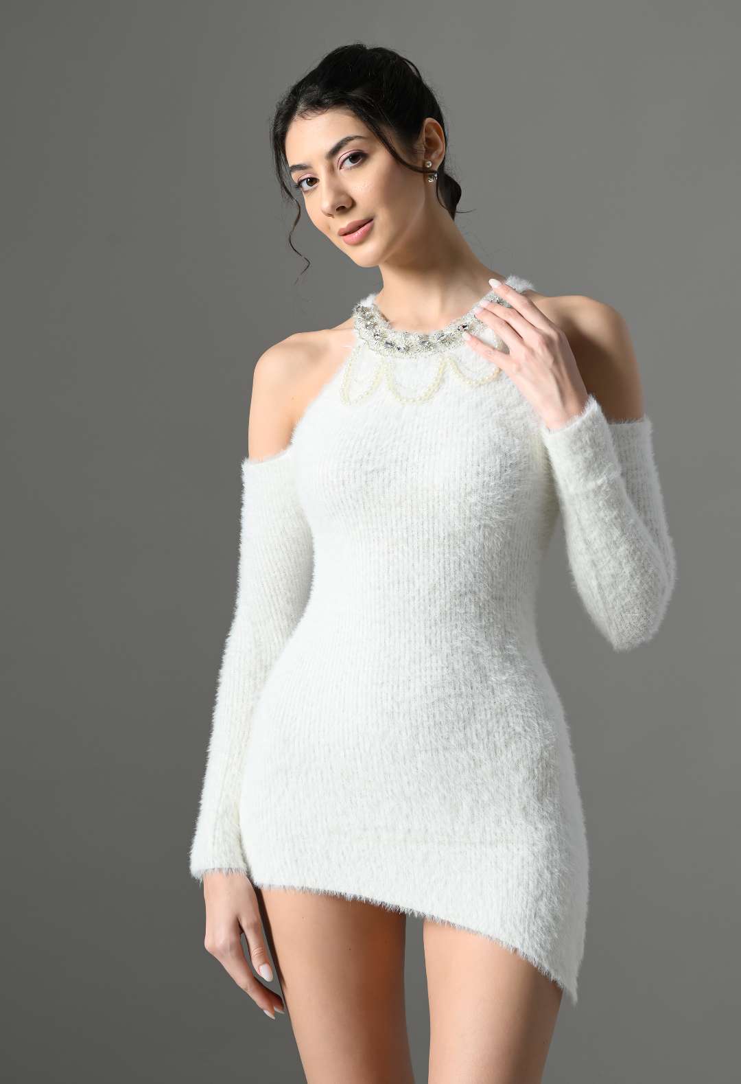 Pankh Ballet Soft Wool Mini Dress with Embellished Pearl Collar