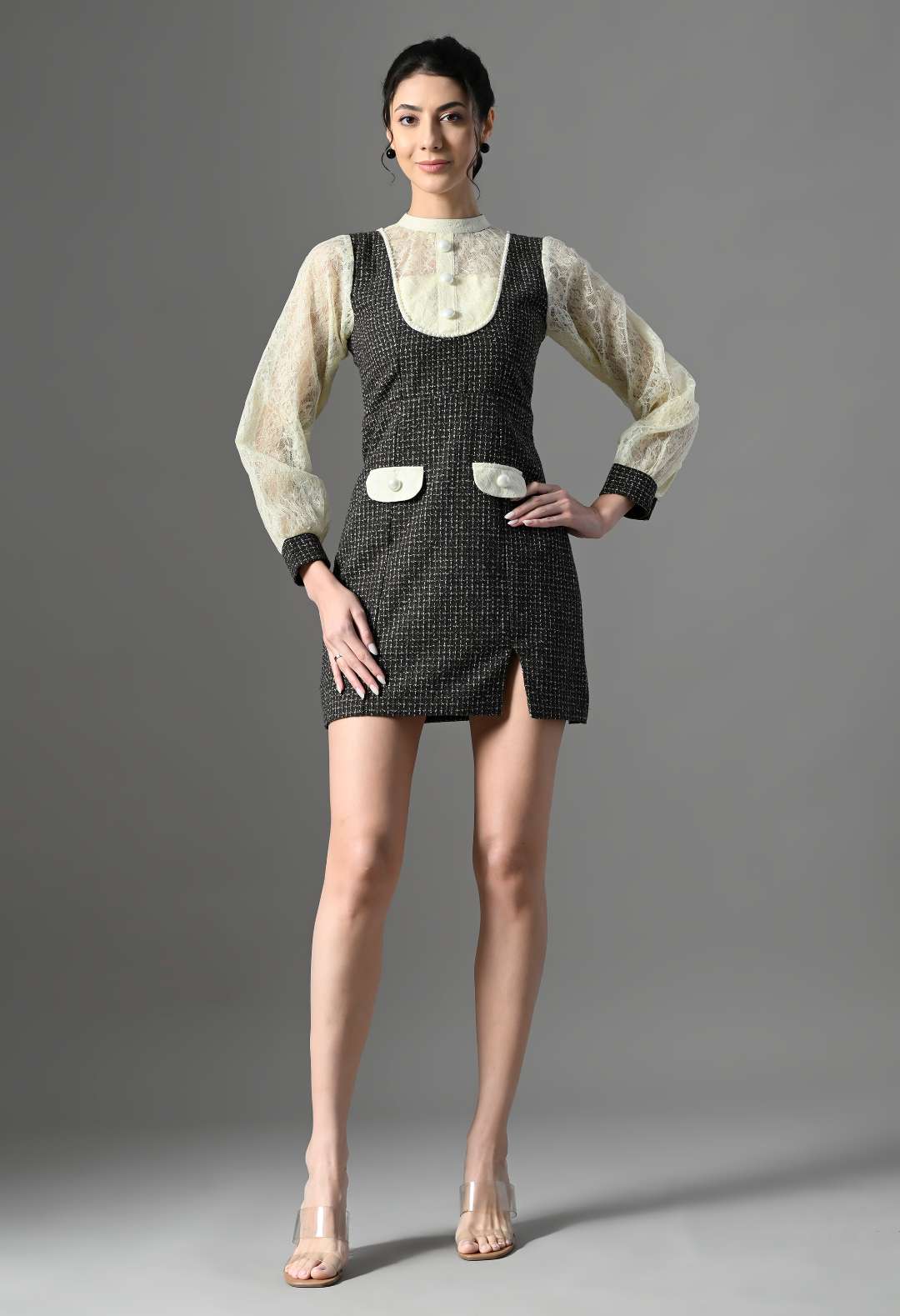 Pankh Miso Tweed and Lace Pearl Detailing Formal Short Dress