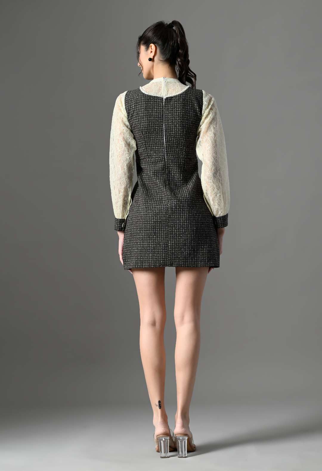 Pankh Miso Tweed and Lace Pearl Detailing Formal Short Dress