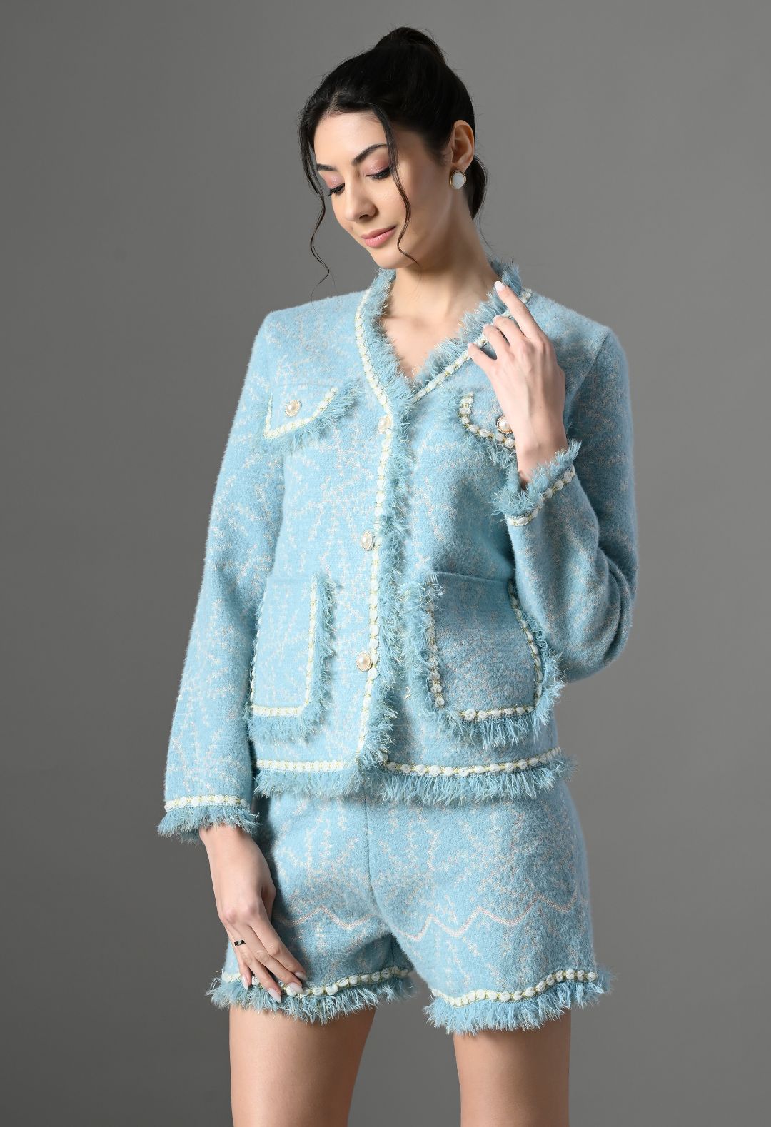 Pankh Azure Sky Blue Tweed Shorts Set