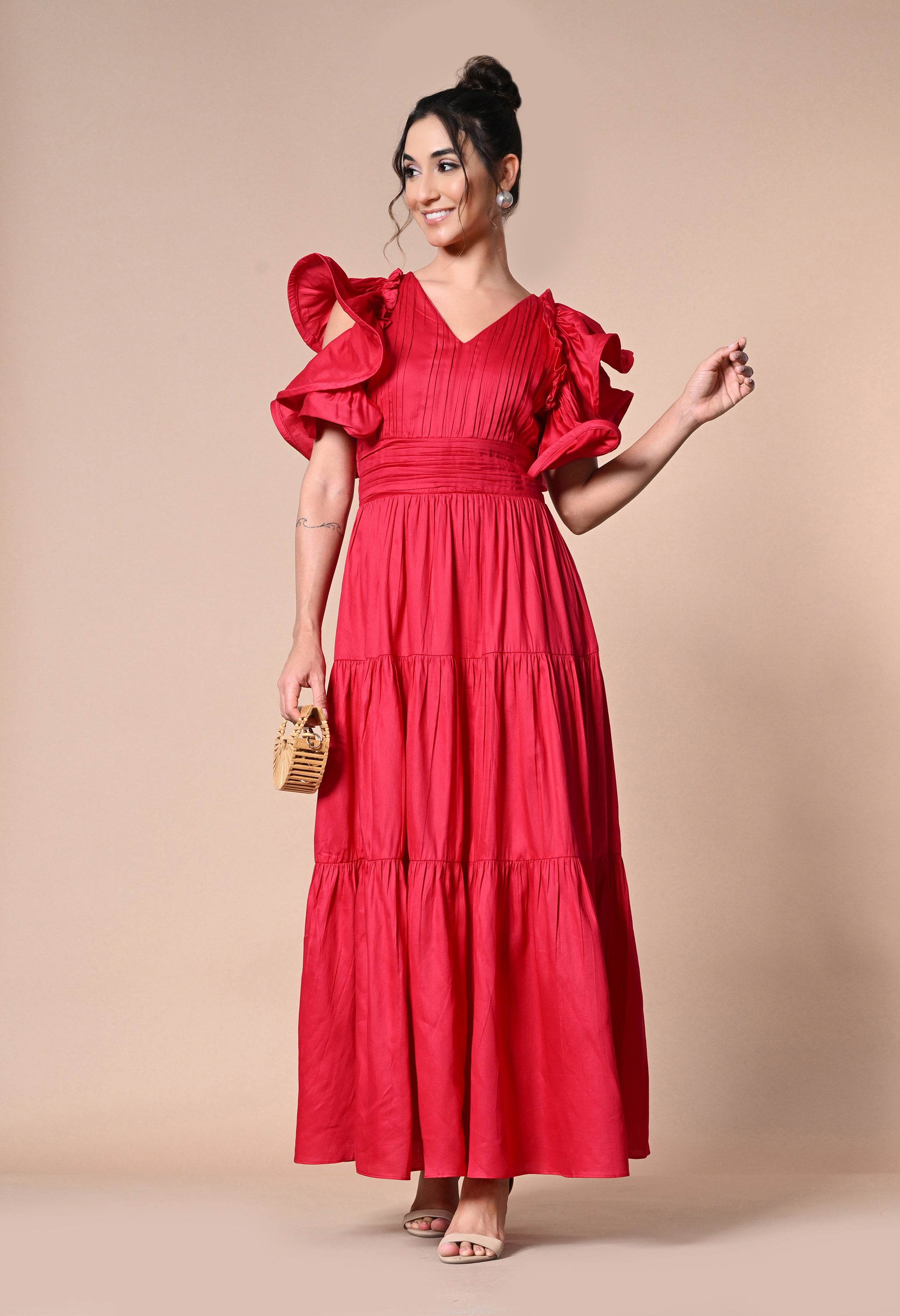 SUZAN RUFFLE SLEEVE PURE COTTON FLAIRED MAXI DRESS