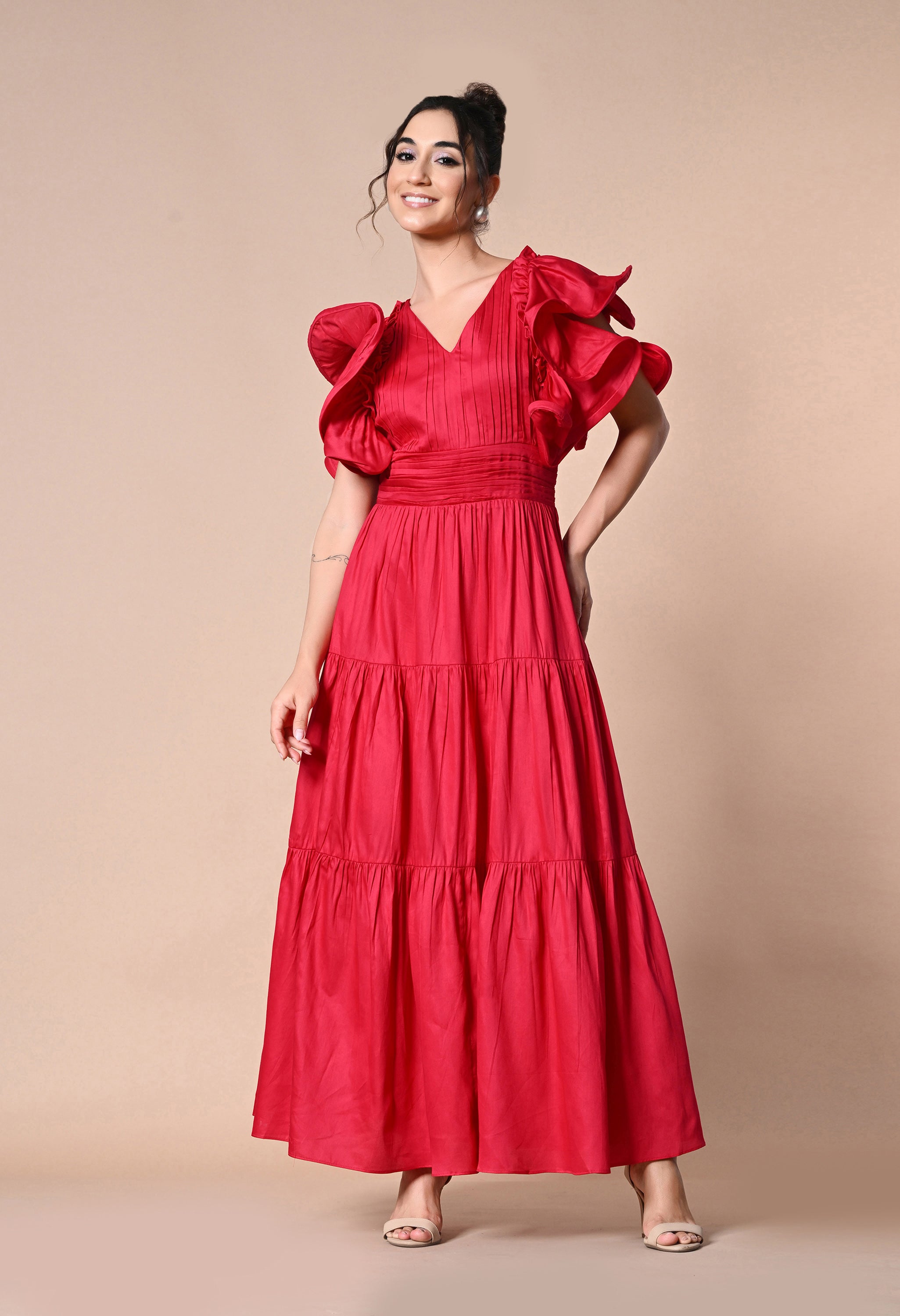 SUZAN RUFFLE SLEEVE PURE COTTON FLAIRED MAXI DRESS