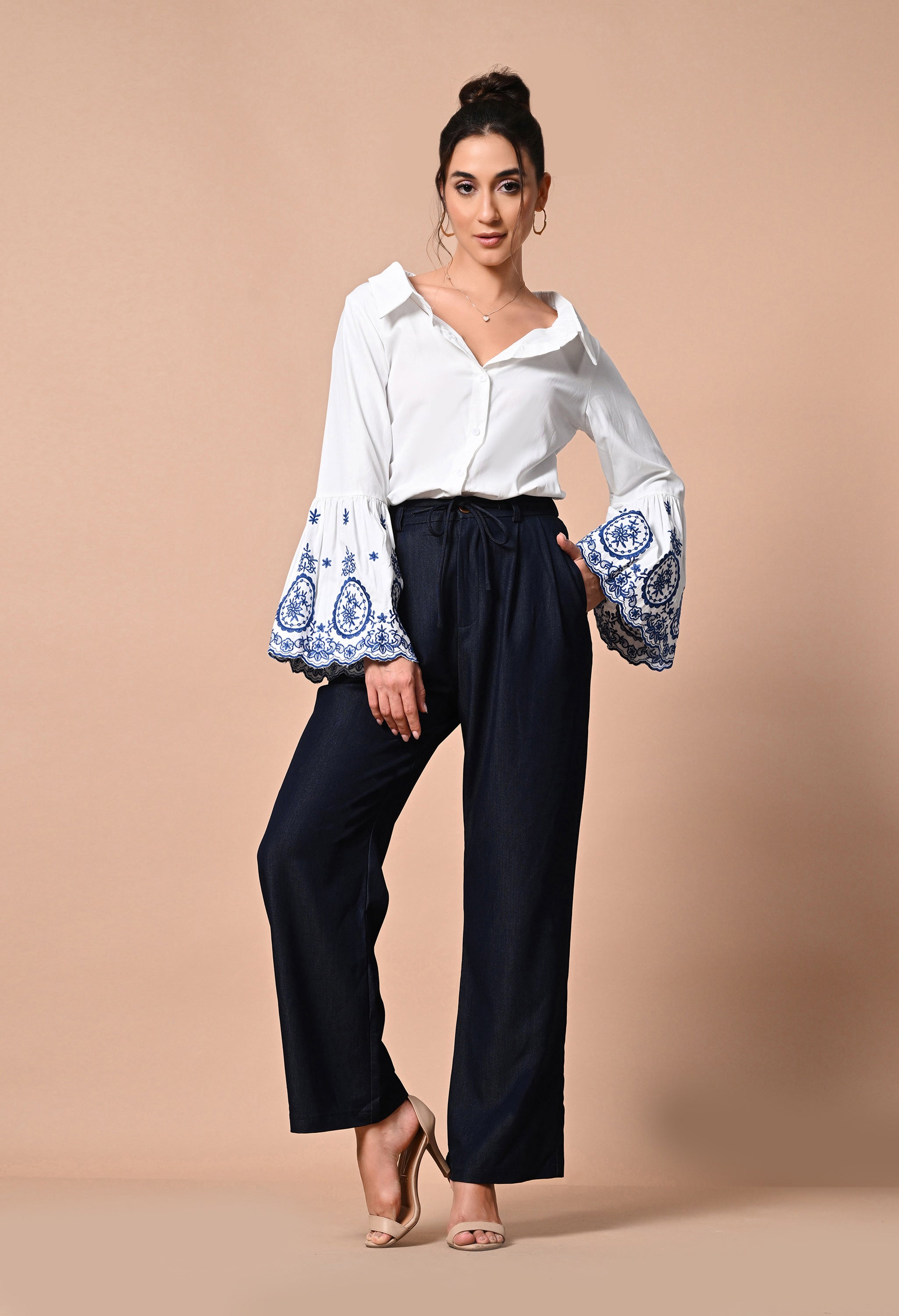 Pankh Monte Embroidered Cotton Off Shoulder Bell Sleeve Shirt