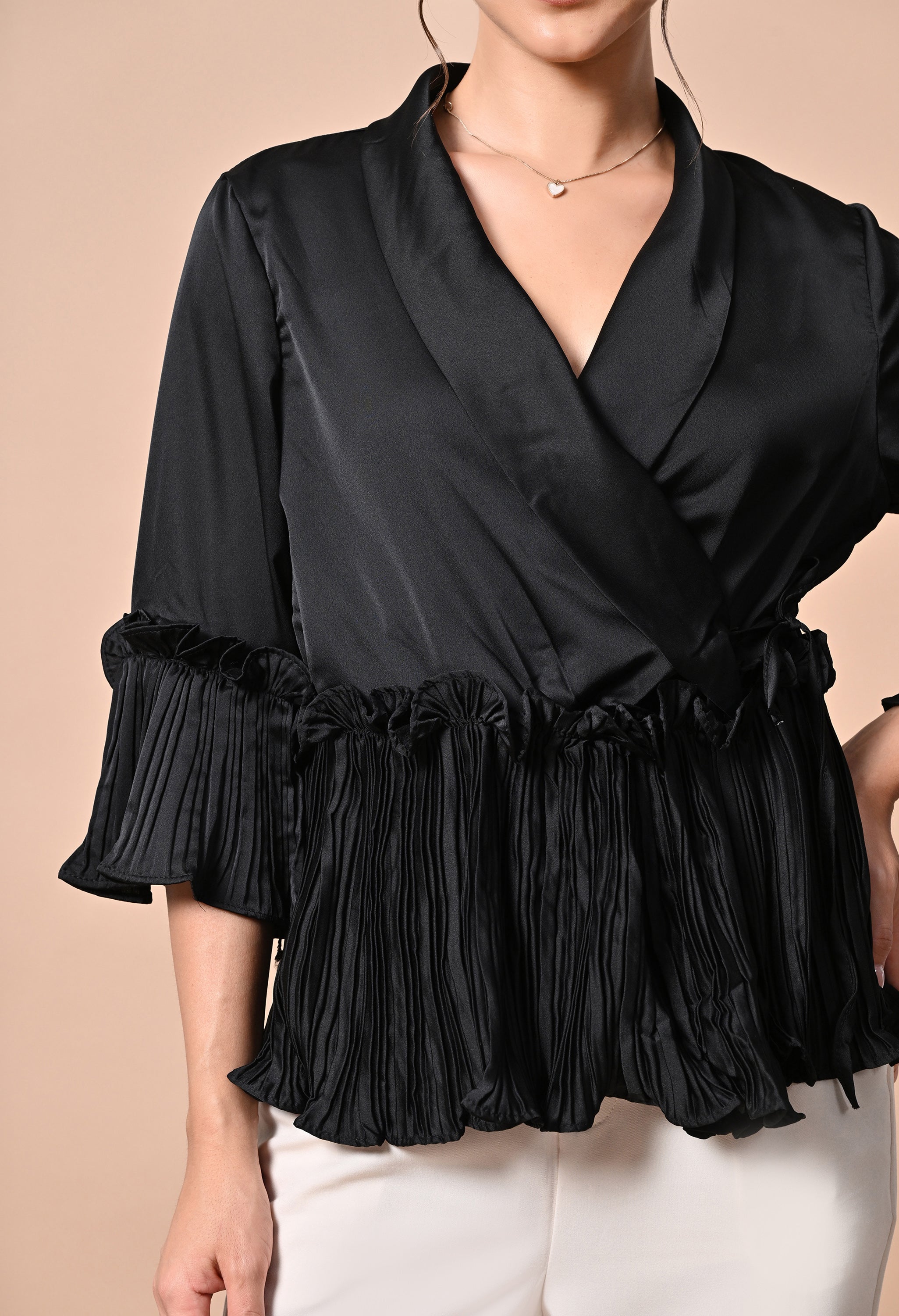 molle satin ruffle wrap up blouse