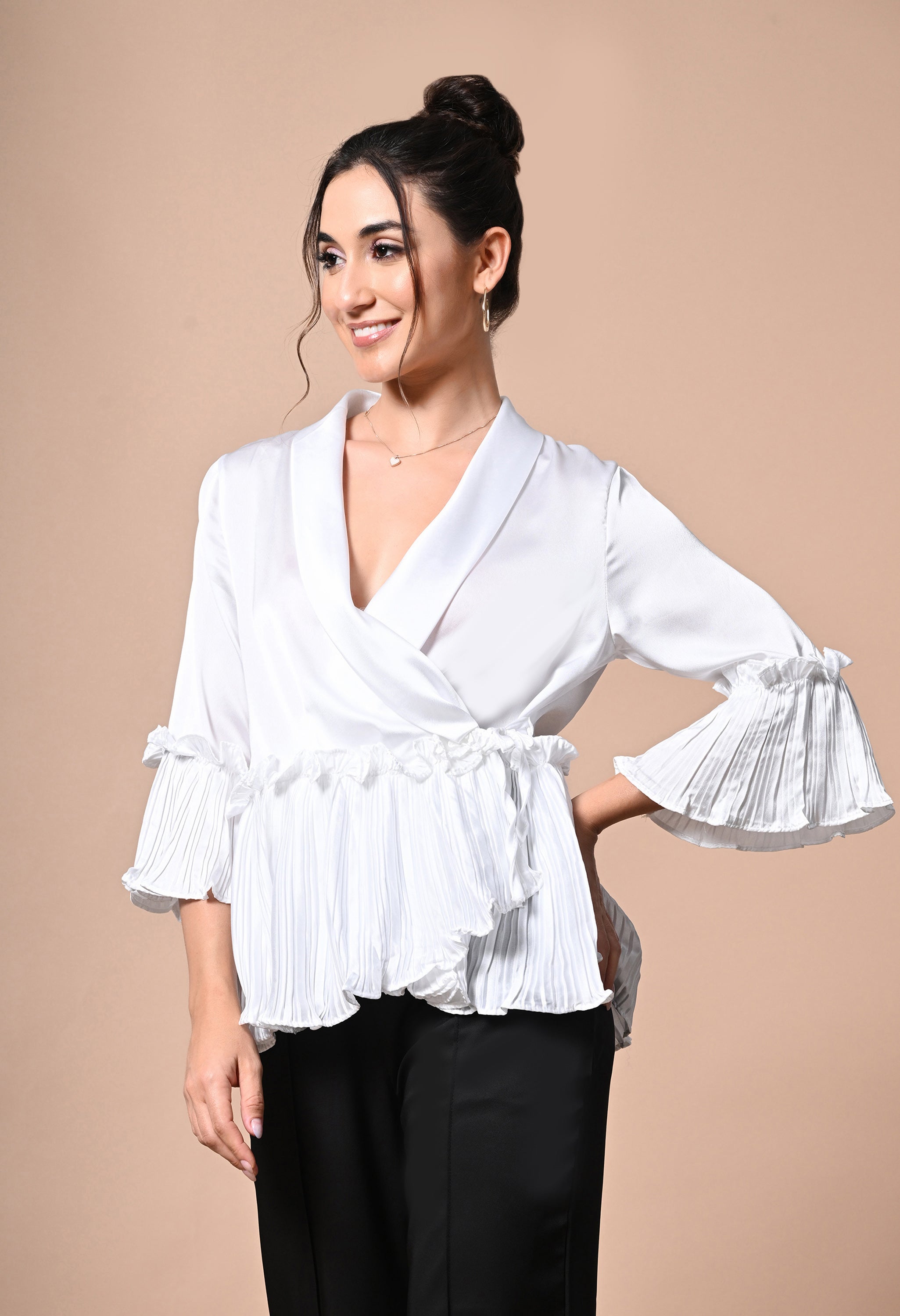 molle satin ruffle wrap up blouse