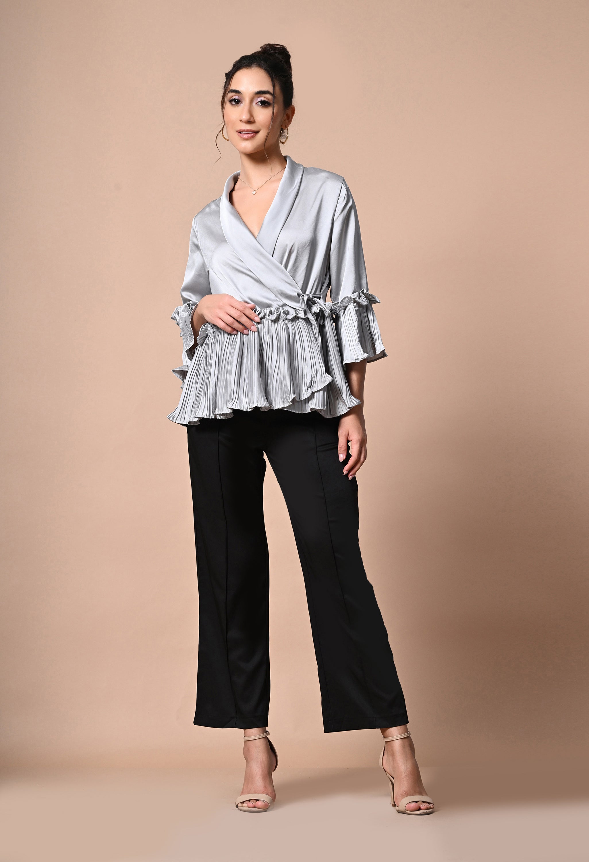 molle satin ruffle wrap up blouse