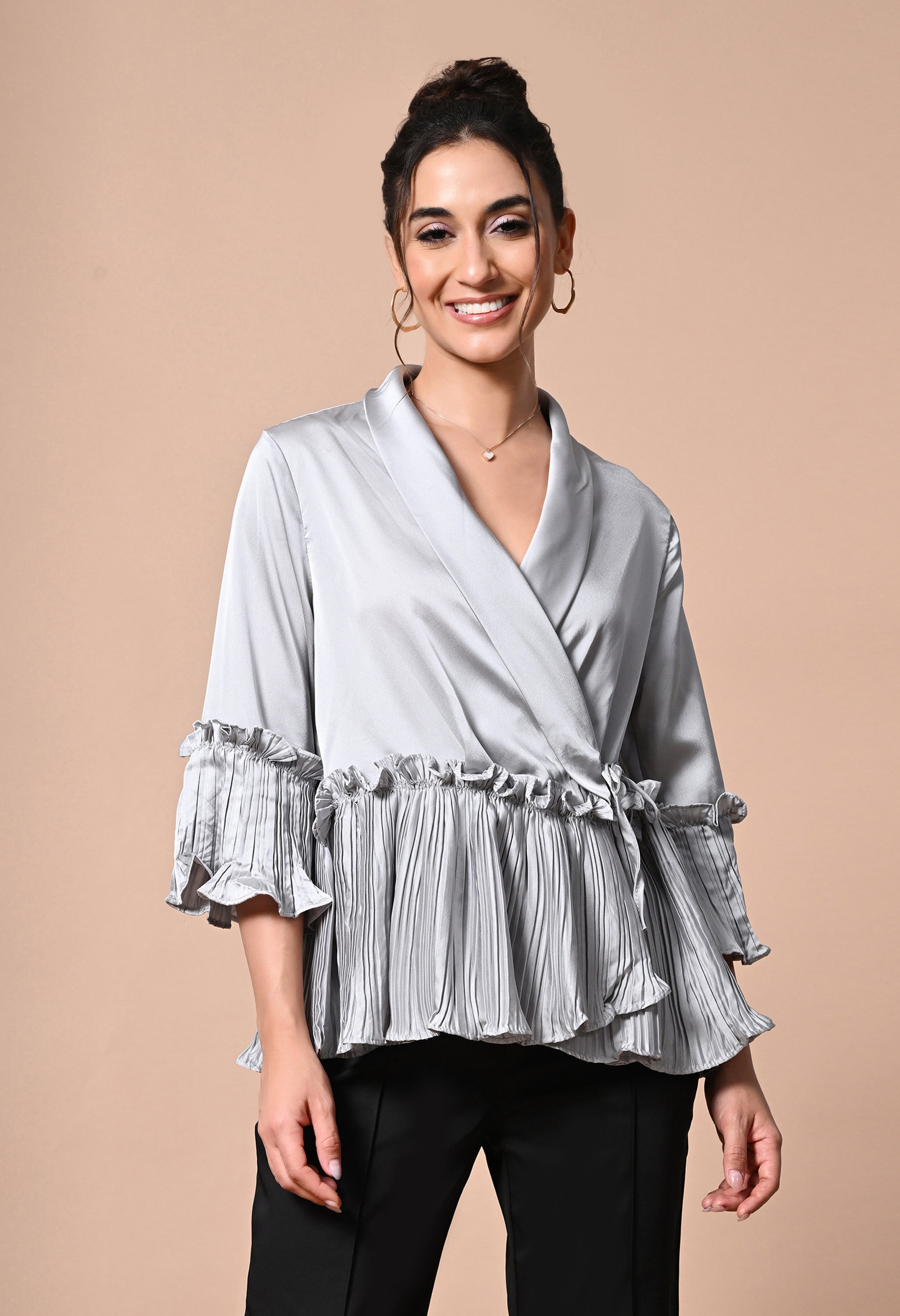 molle satin ruffle wrap up blouse