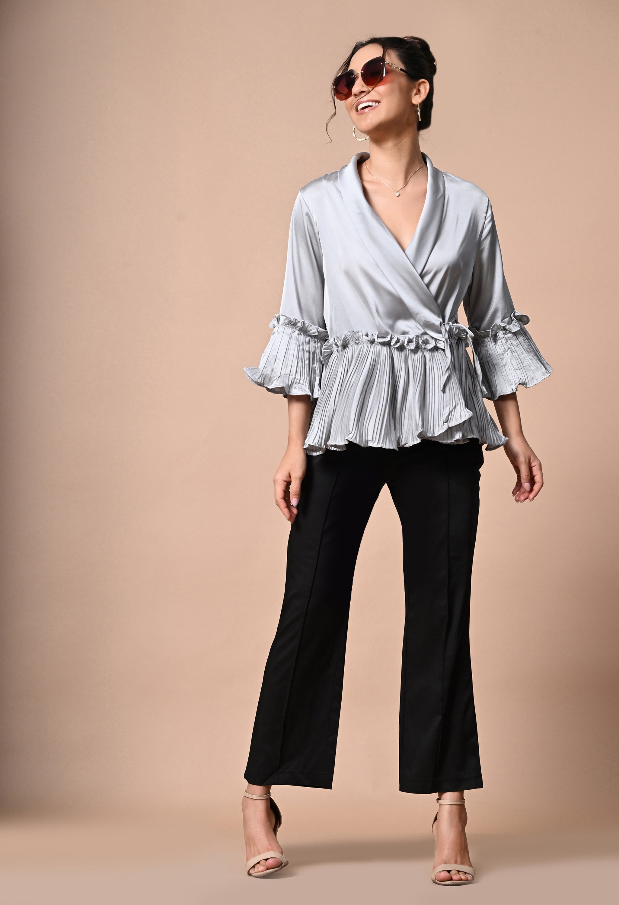 molle satin ruffle wrap up blouse