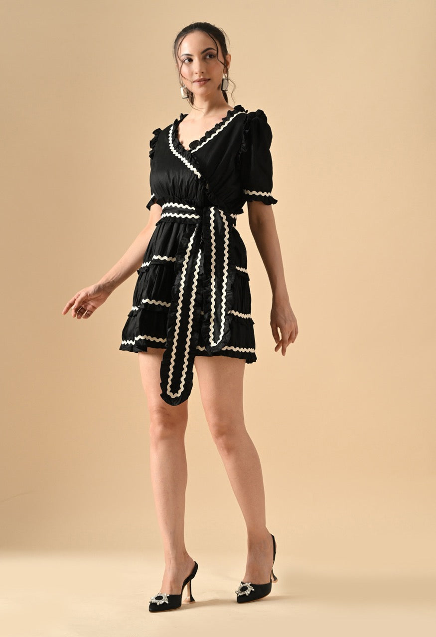 Pankh Zuri Contrast Ric Rac Ruffle Pure Cotton Mini Dress With Belt