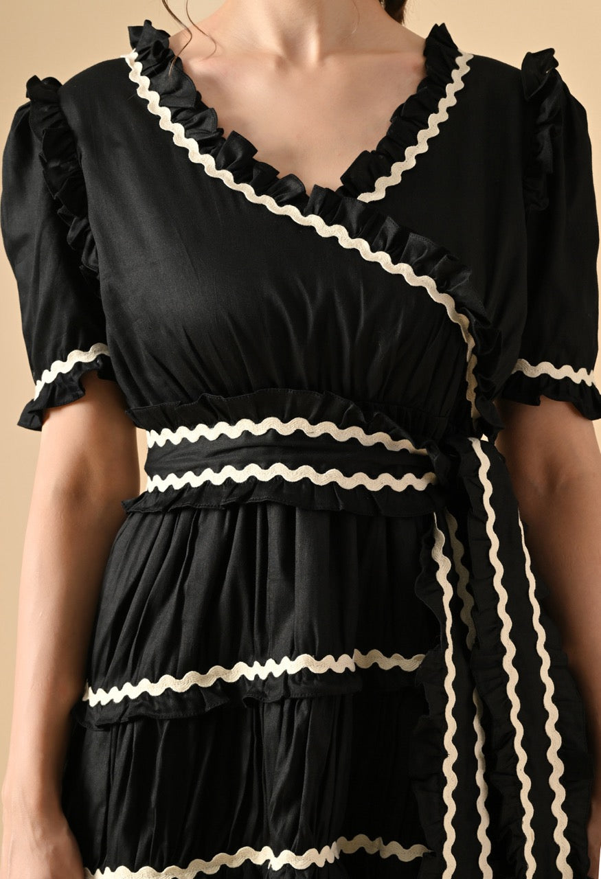 Pankh Zuri Contrast Ric Rac Ruffle Pure Cotton Mini Dress With Belt