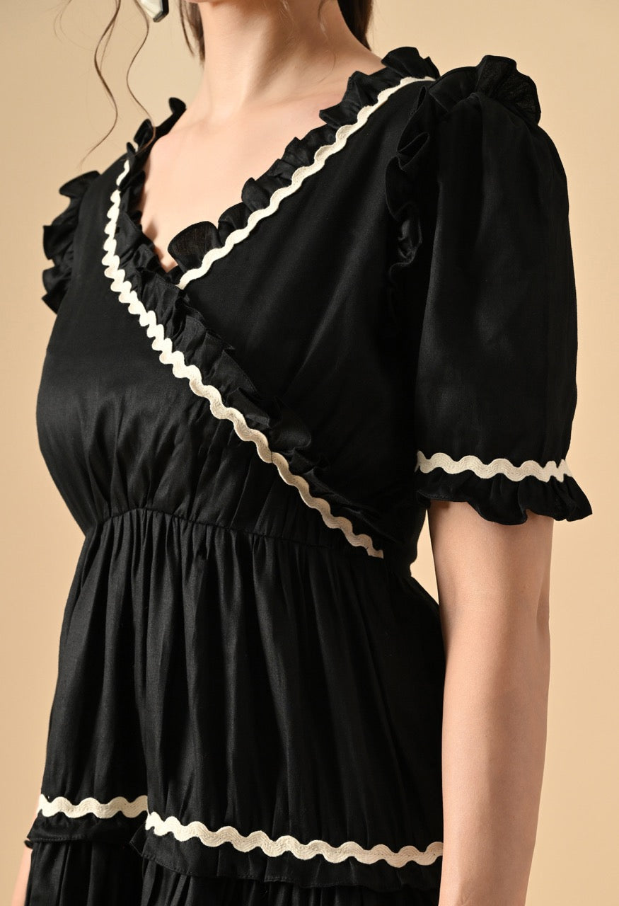 Pankh Zuri Contrast Ric Rac Ruffle Pure Cotton Mini Dress With Belt