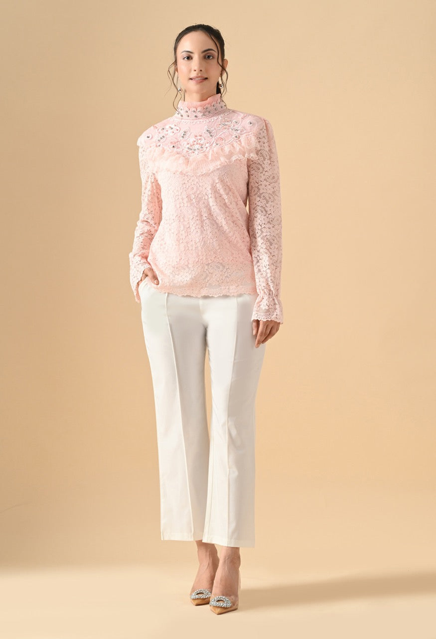 Pankh Silvia Pearl Neck Crocia Flower Shirt