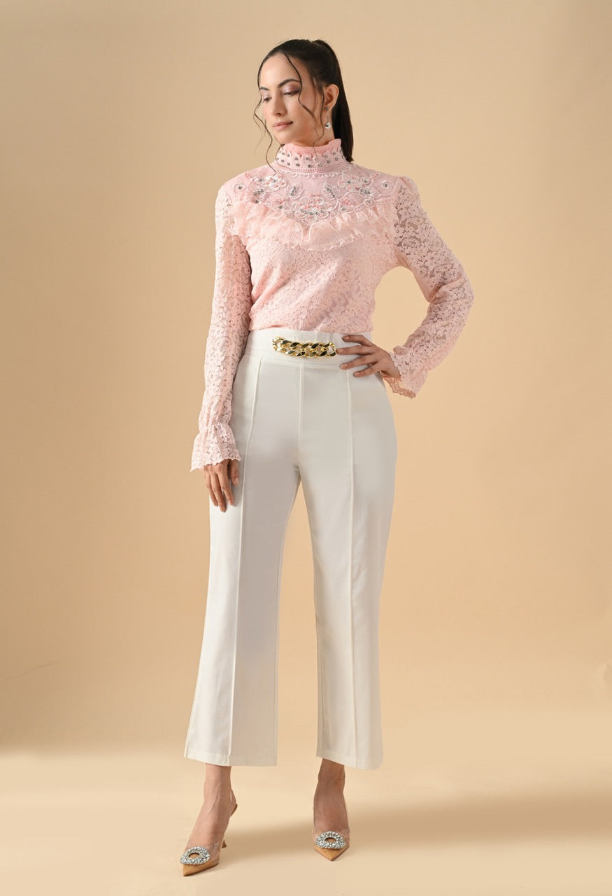 Pankh Silvia Pearl Neck Crocia Flower Shirt