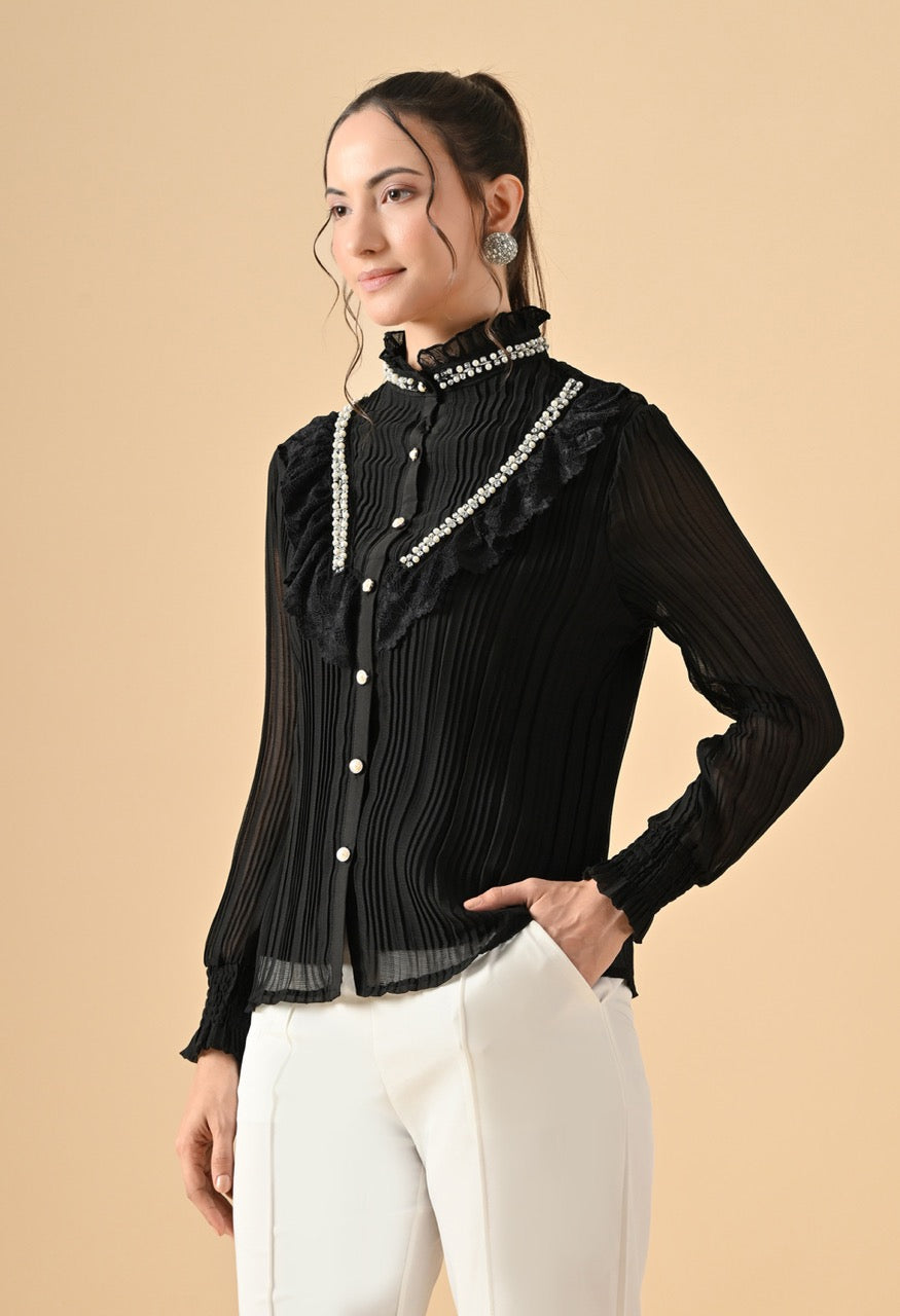 Pankh Flavie Front Neck Pearl Pleated Shirt