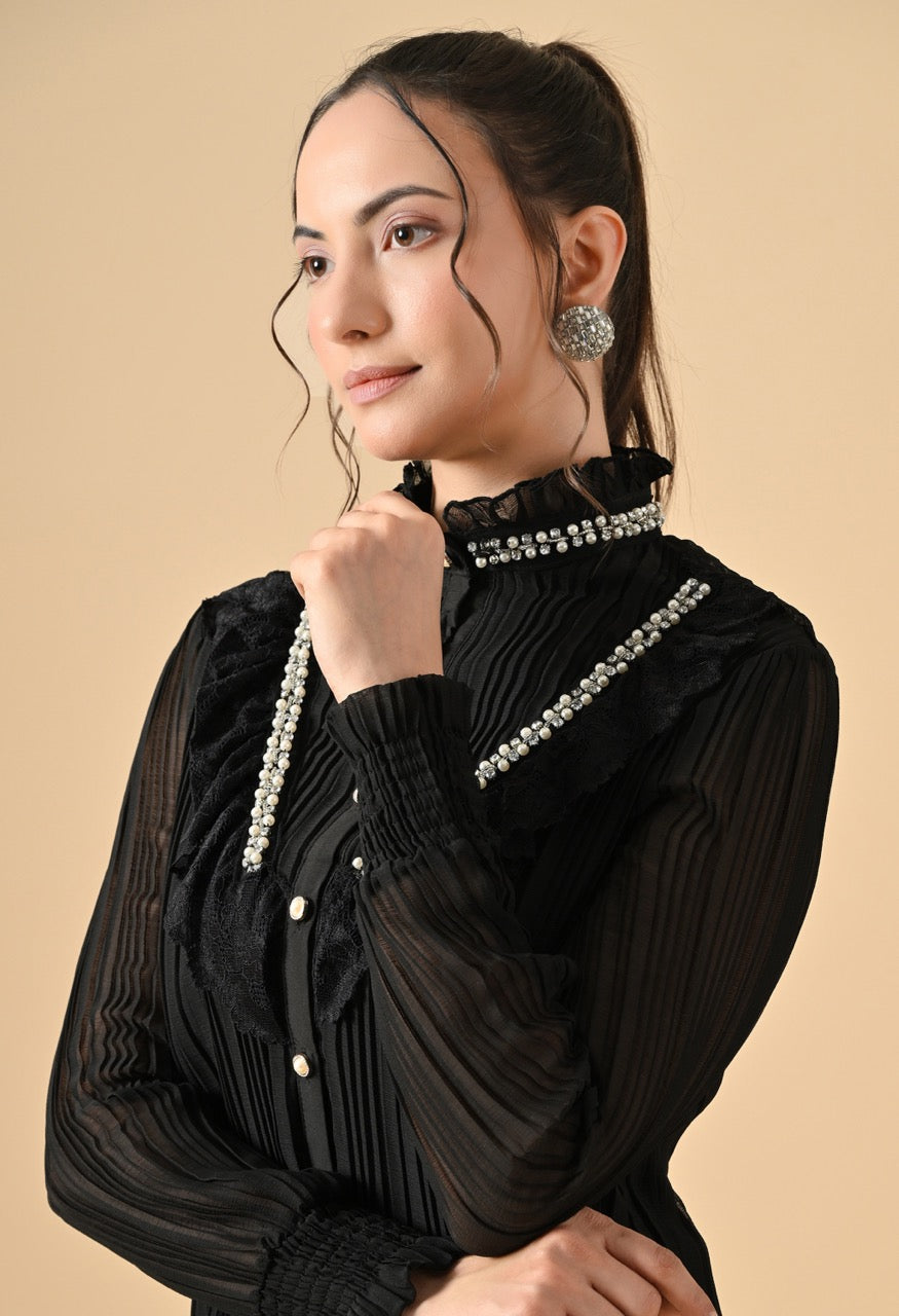 Pankh Flavie Front Neck Pearl Pleated Shirt