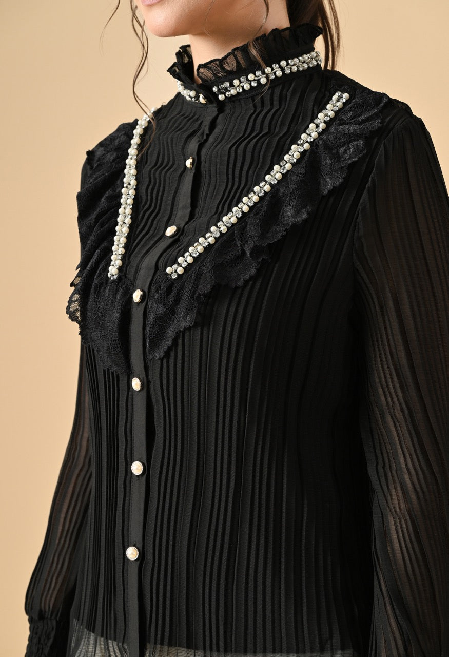 Pankh Flavie Front Neck Pearl Pleated Shirt