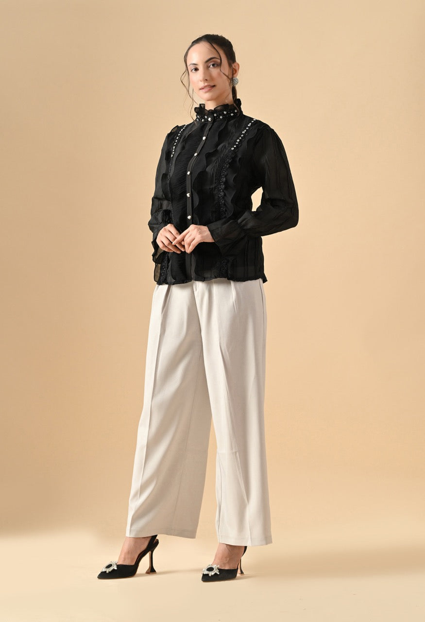 Pankh Paisley Ruffle Stone Embellished Shirt