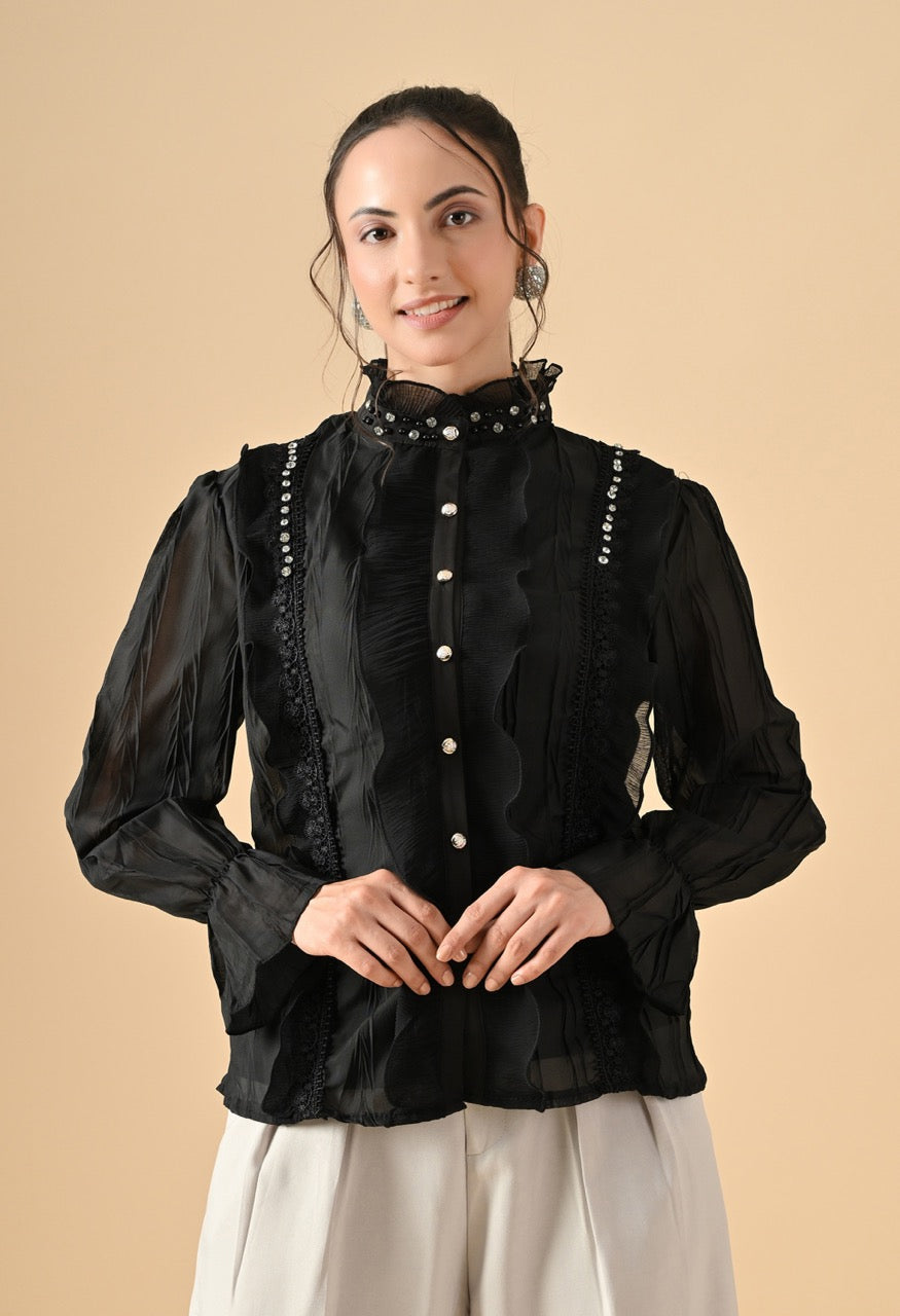 Pankh Clover Ruffle Stone Embellished Shirt