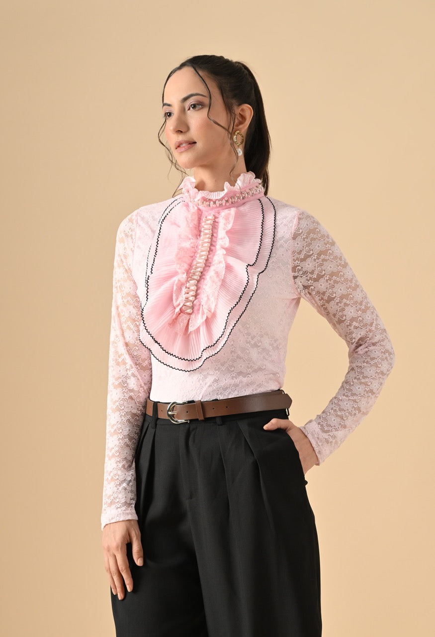 Pankh Nora Neck Pearl Embelished Lace Shirt