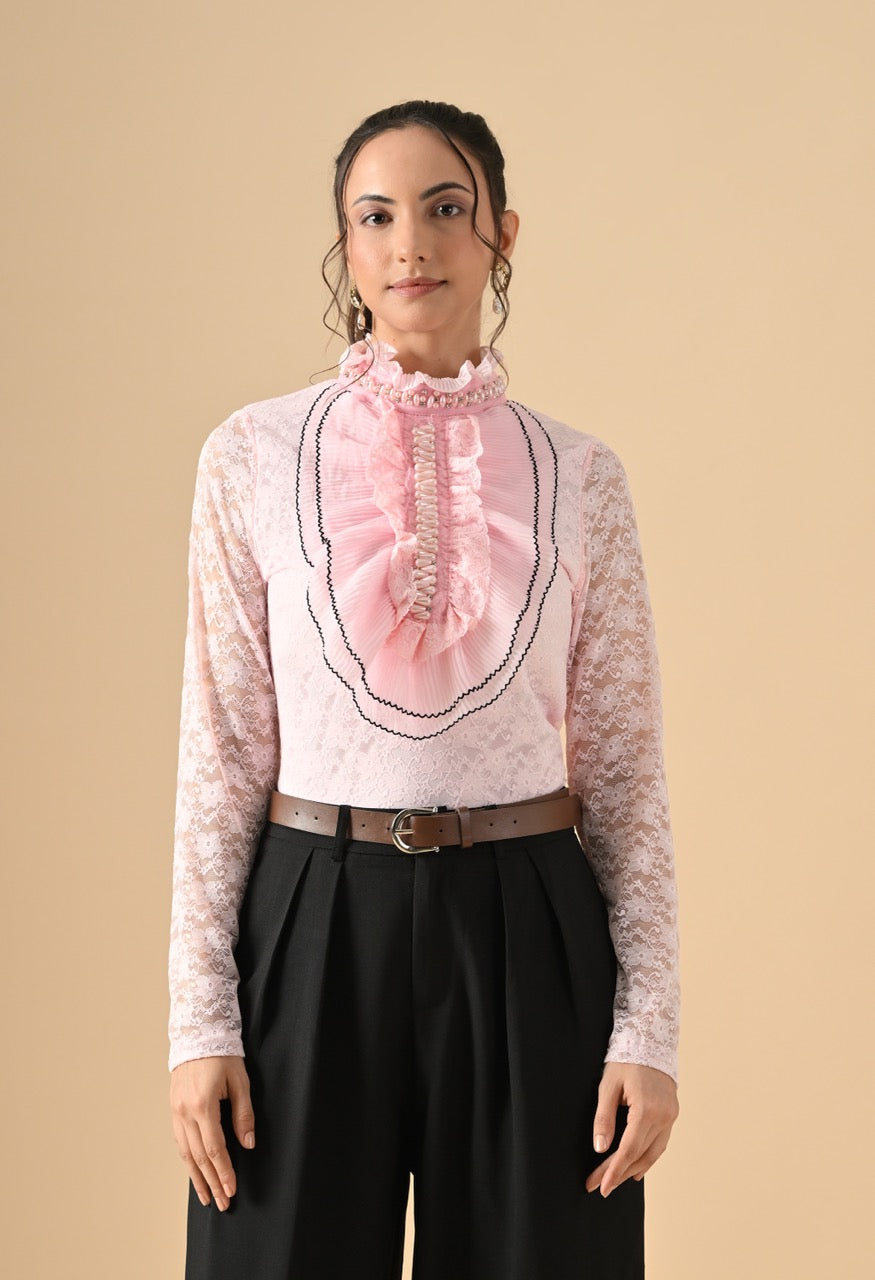 Pankh Nora Neck Pearl Embelished Lace Shirt