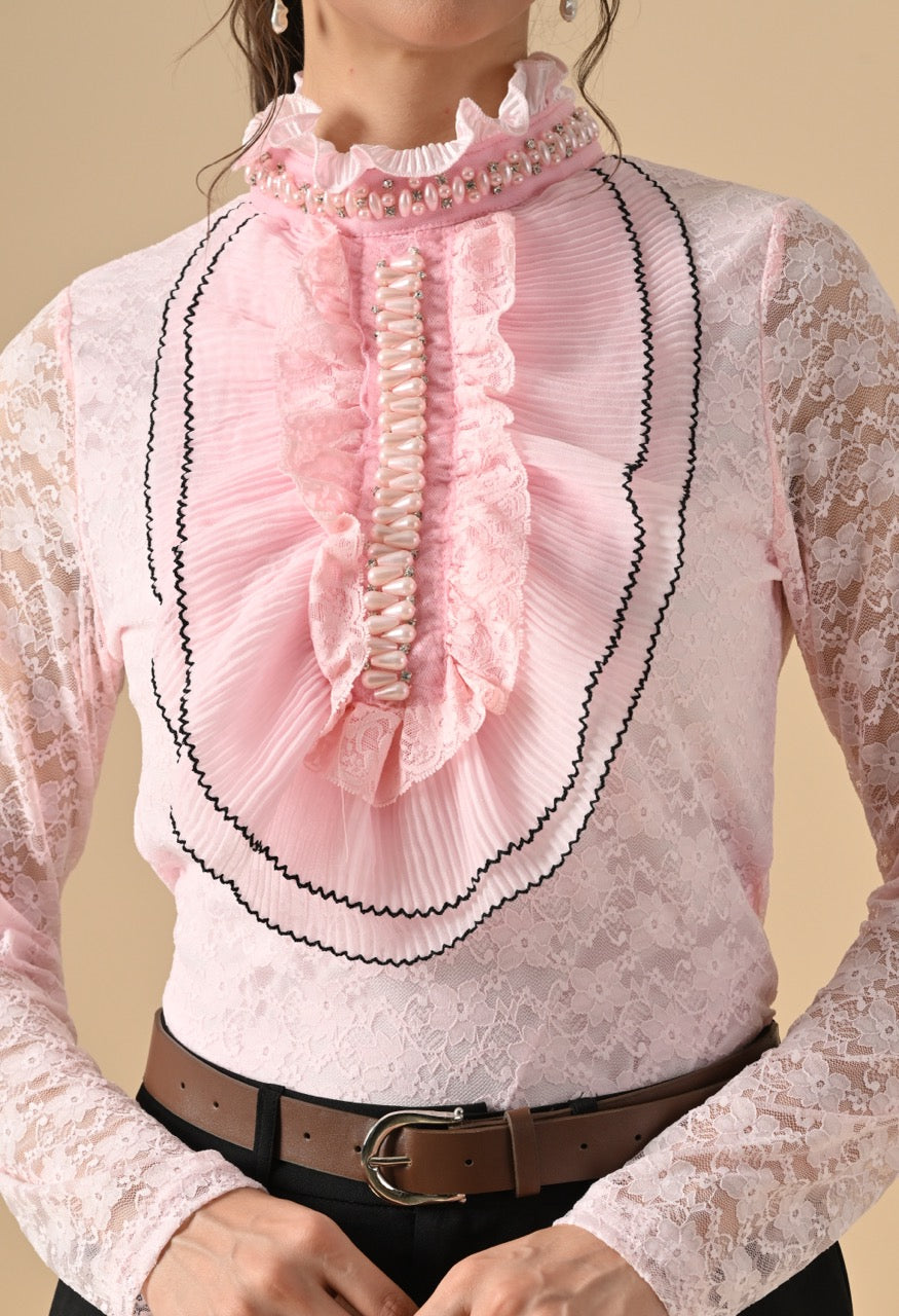 Pankh Nora Neck Pearl Embelished Lace Shirt