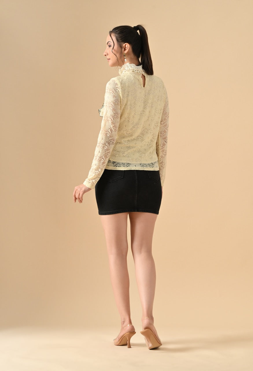 Pankh Nora Neck Pearl Embelished Lace Shirt