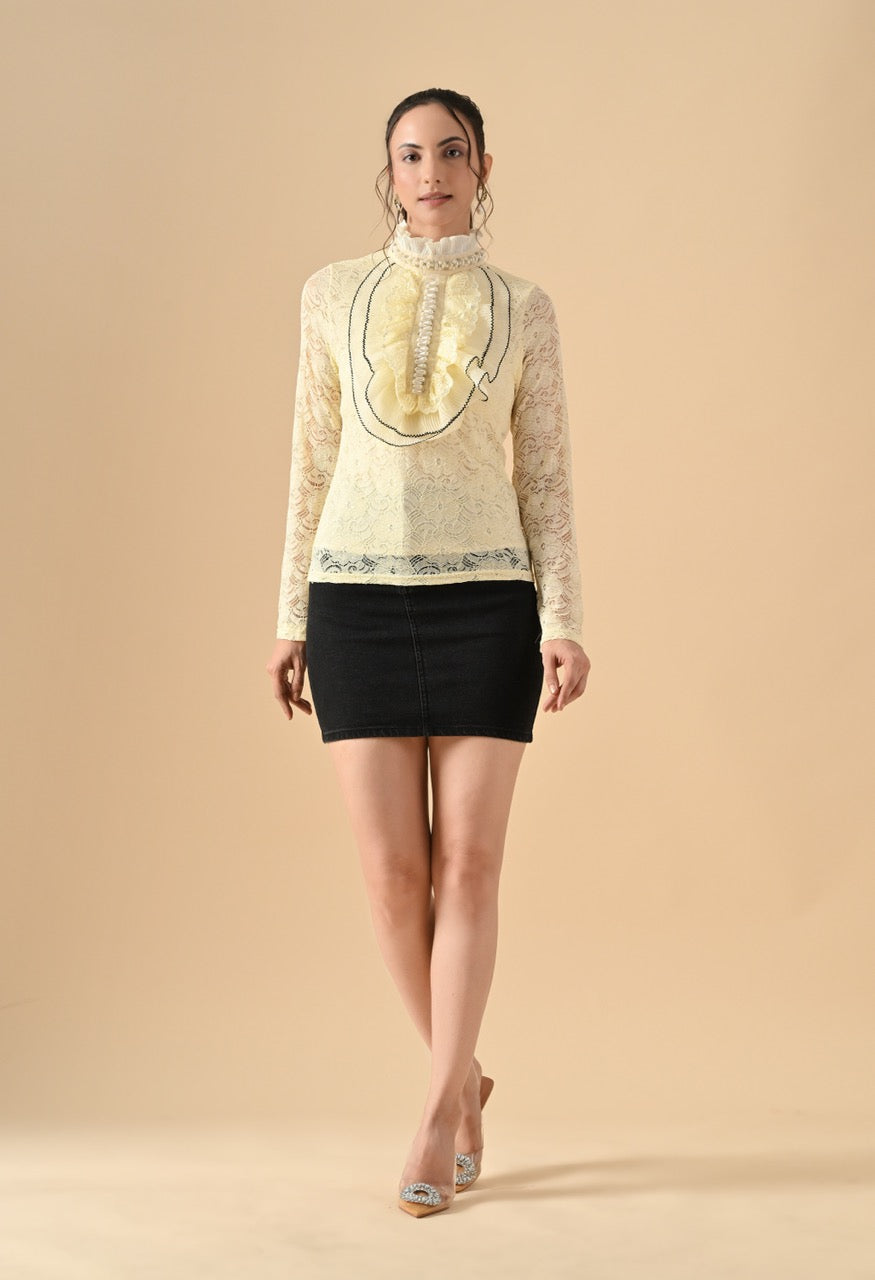 Pankh Nora Neck Pearl Embelished Lace Shirt