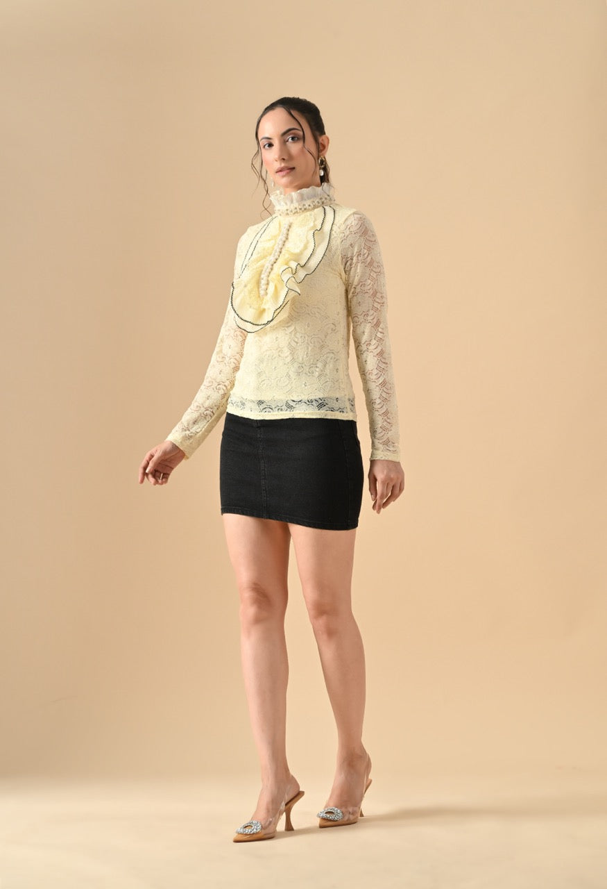 Pankh Nora Neck Pearl Embelished Lace Shirt