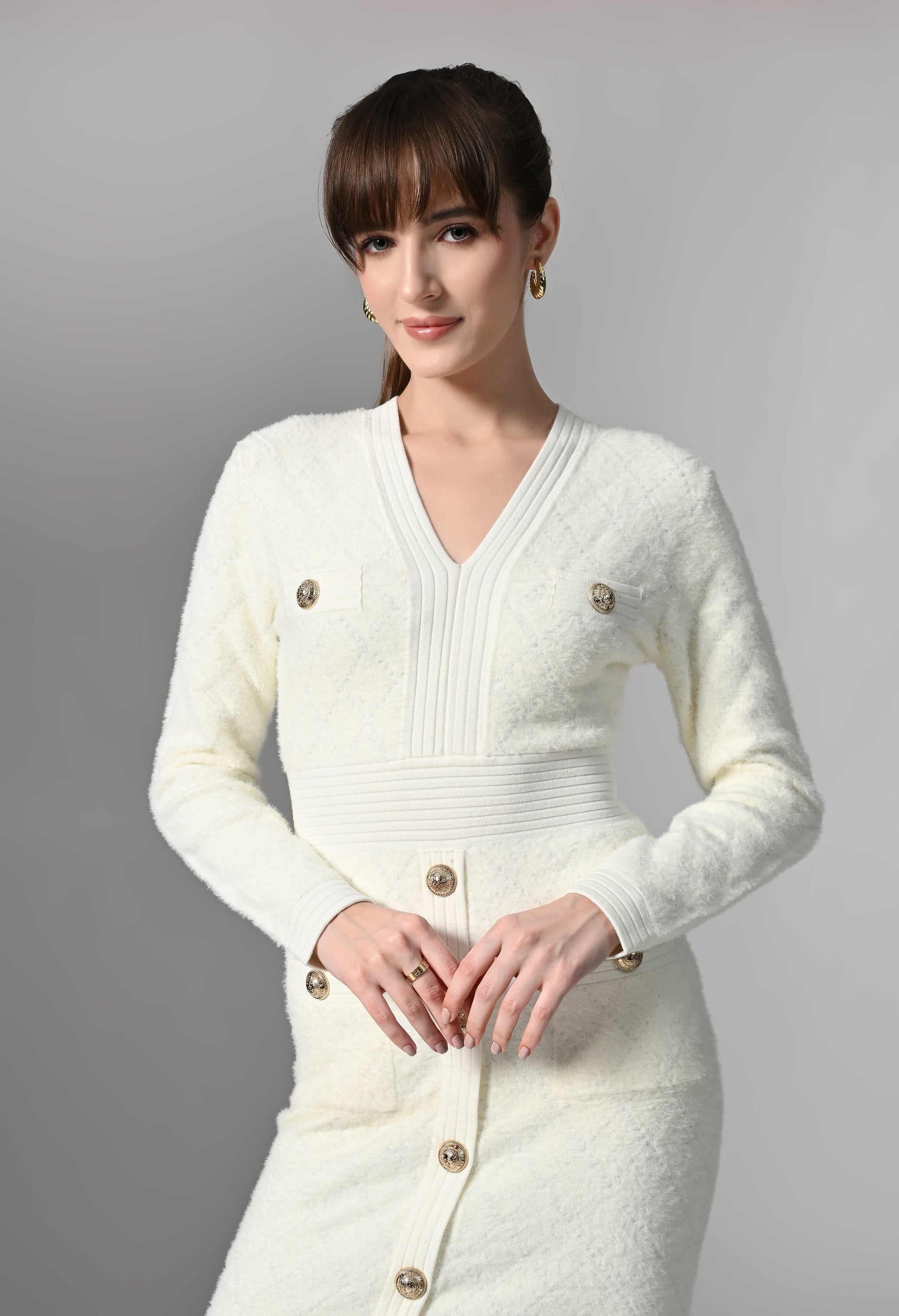 Pankh Zyaga Short knitted Bodycon dress with gold buttons