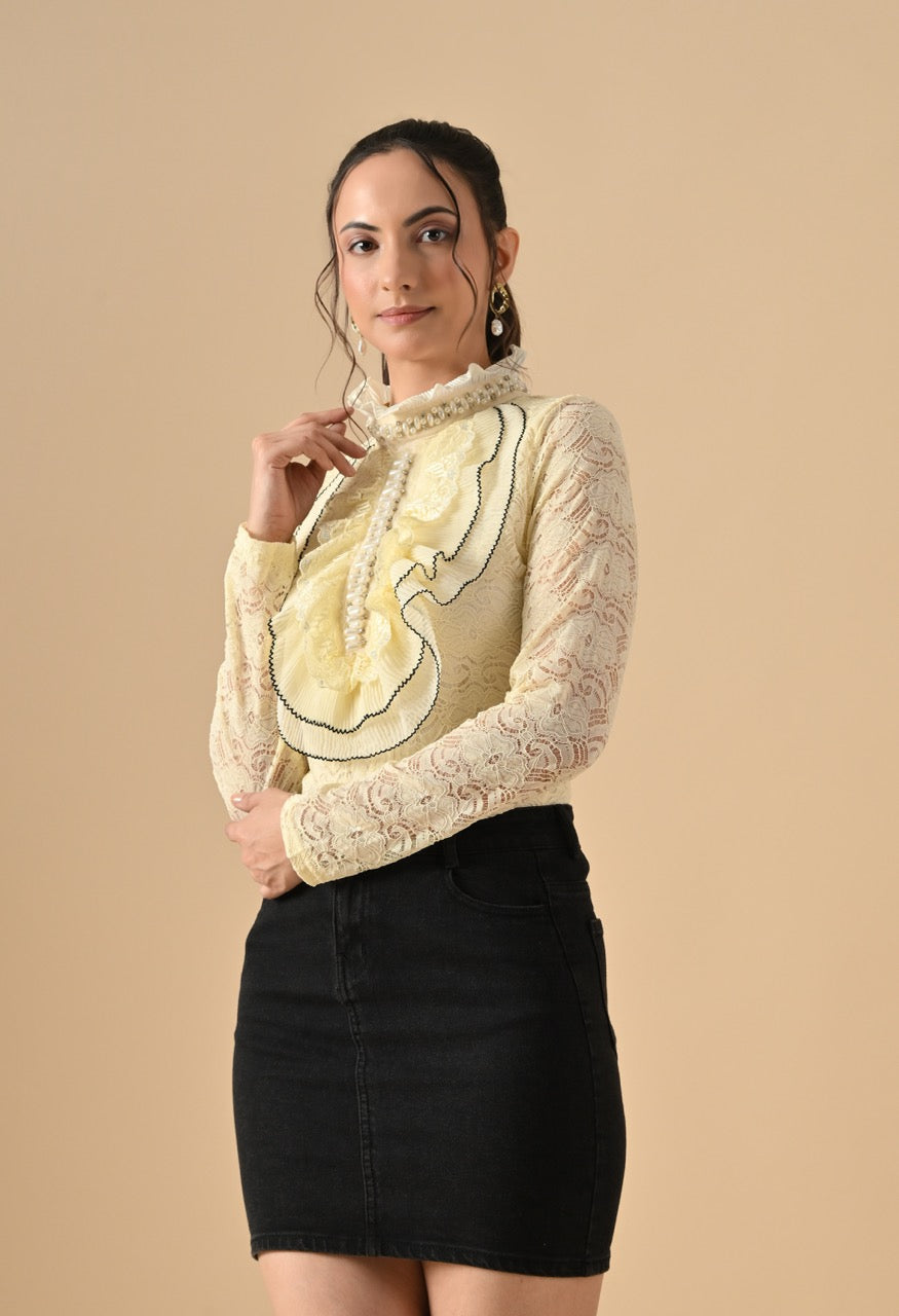 Pankh Nora Neck Pearl Embelished Lace Shirt
