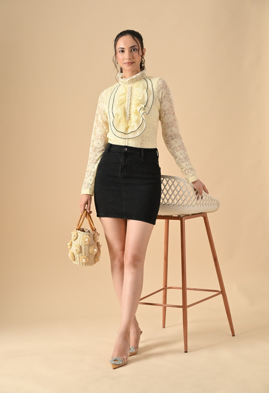 Pankh Nora Neck Pearl Embelished Lace Shirt