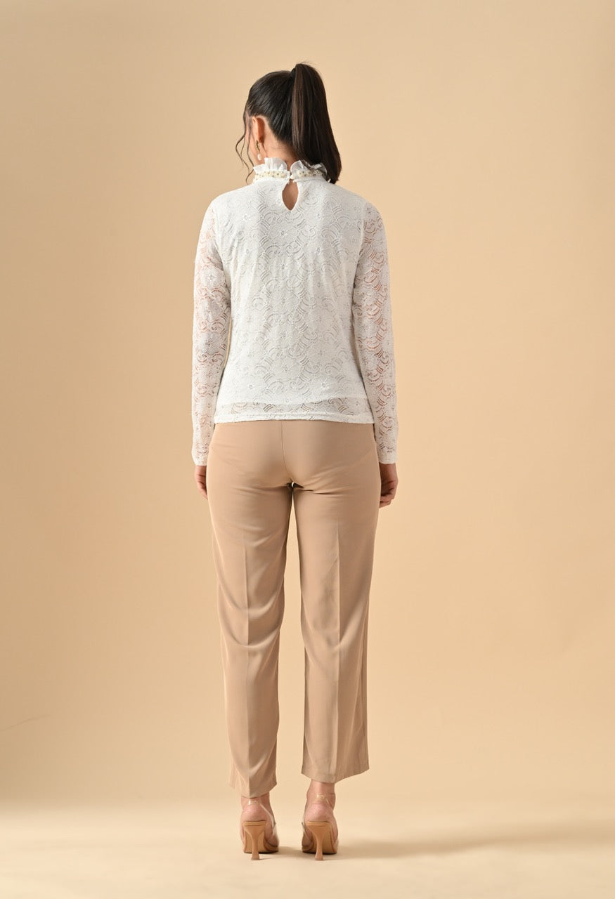 Pankh Nora Neck Pearl Embelished Lace Shirt