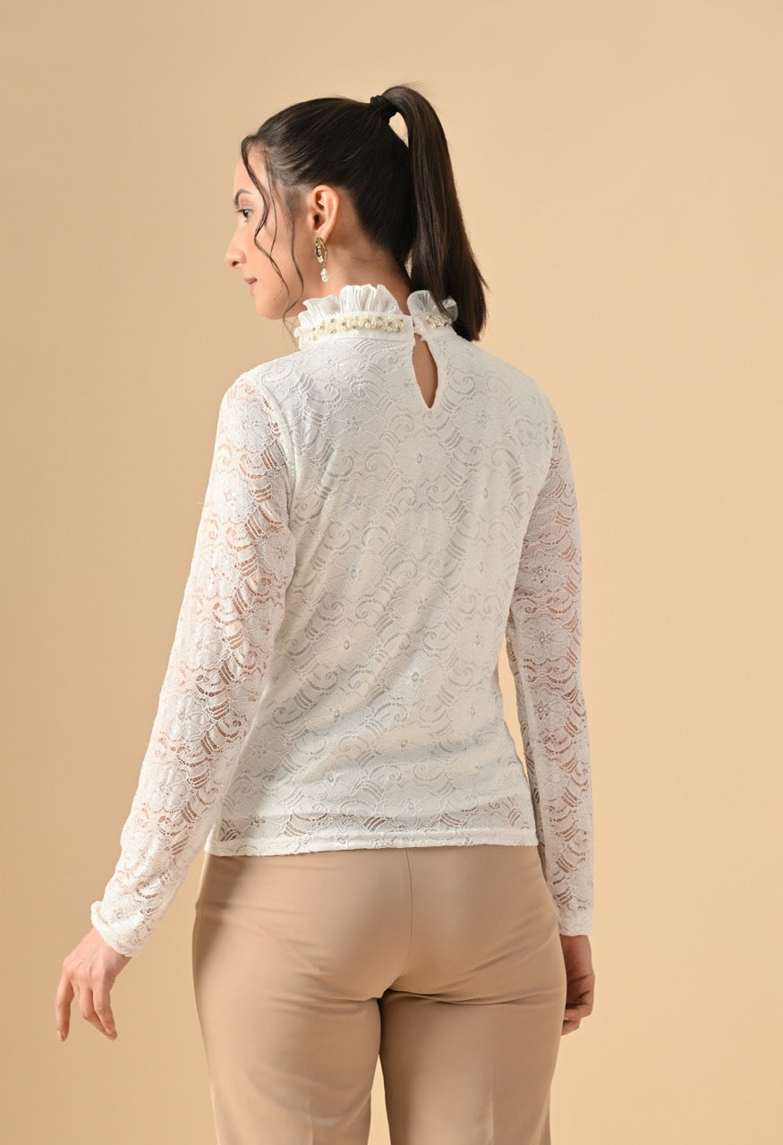 Pankh Nora Neck Pearl Embelished Lace Shirt