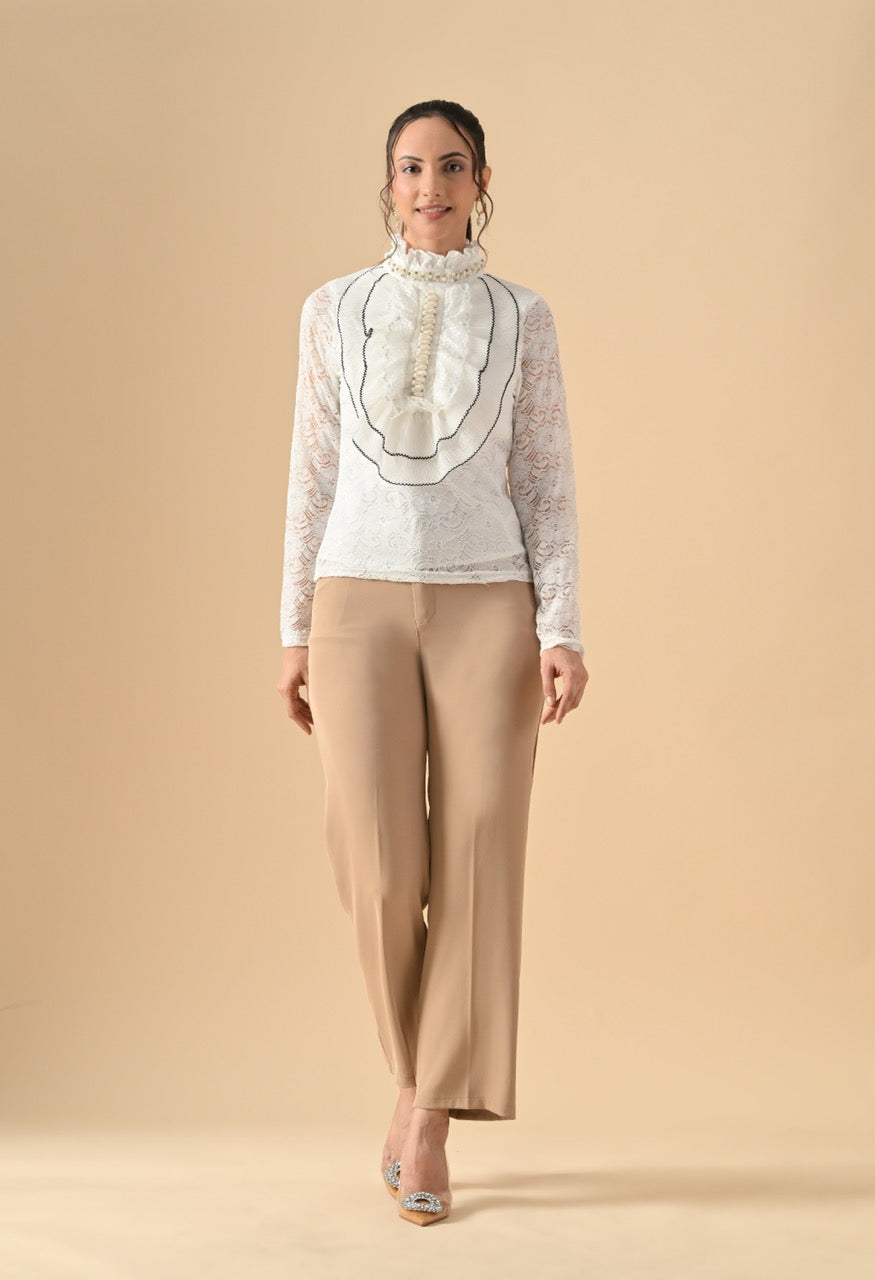 Pankh Nora Neck Pearl Embelished Lace Shirt