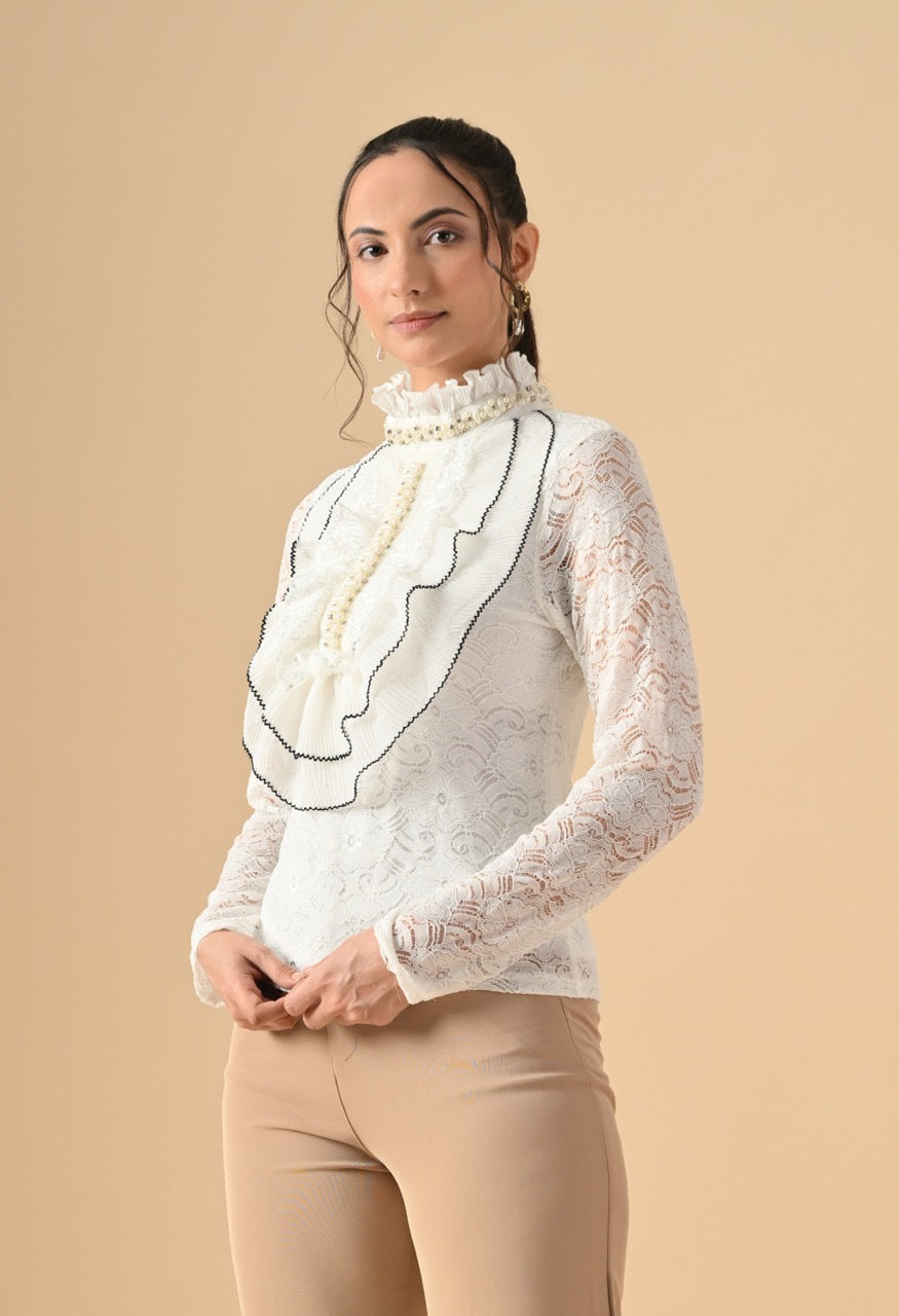 Pankh Nora Neck Pearl Embelished Lace Shirt