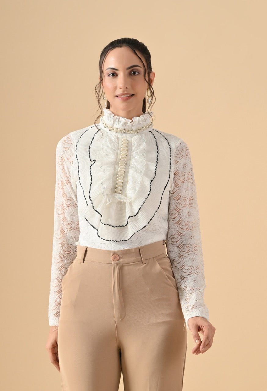 Pankh Nora Neck Pearl Embelished Lace Shirt