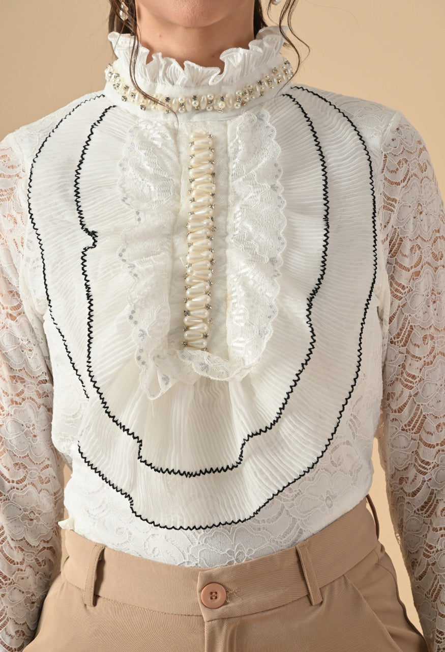 Pankh Nora Neck Pearl Embelished Lace Shirt