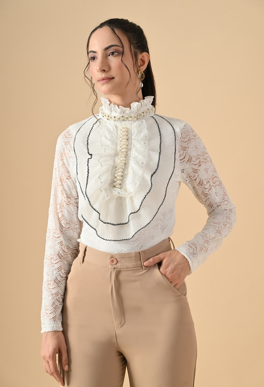 Pankh Nora Neck Pearl Embelished Lace Shirt