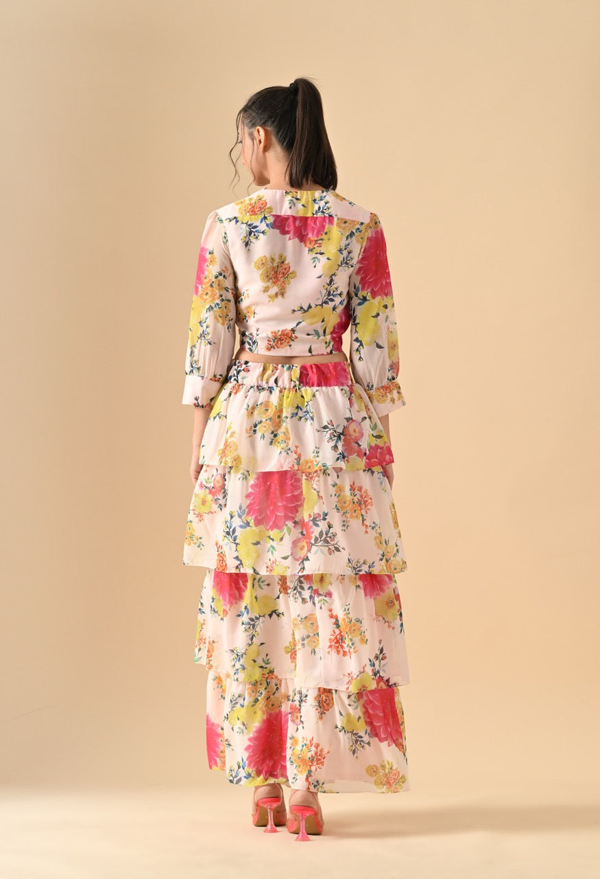 Pankh Wes Floral Printed Top And Slit Ruffle Skirt Set