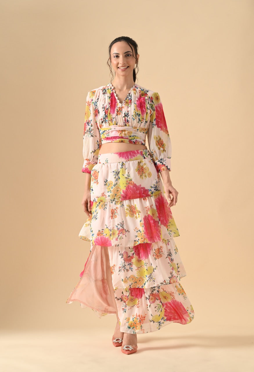 Pankh Wes Floral Printed Top And Slit Ruffle Skirt Set